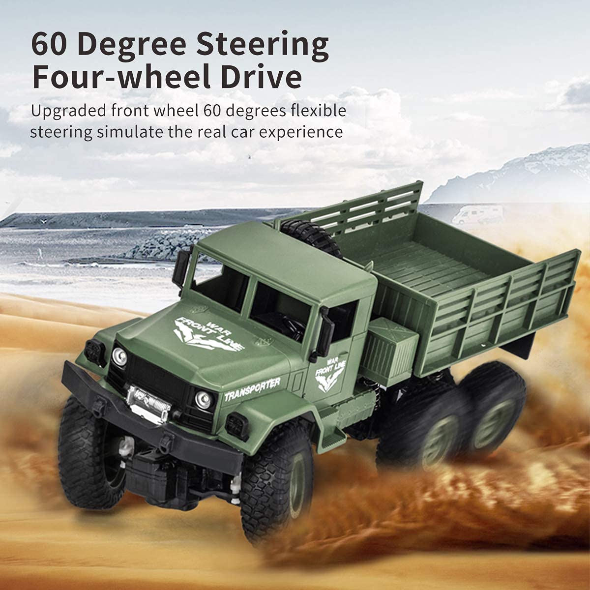 XINGRUI 1:18 RC military truck side view with rugged all-terrain tires