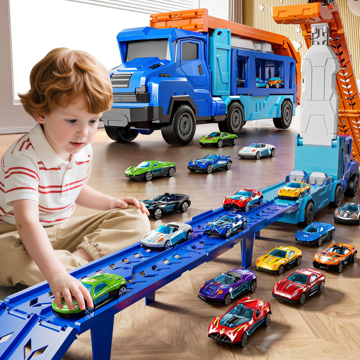 XINNOVEL 3-in-1 transport truck stores cars and opens into tracks