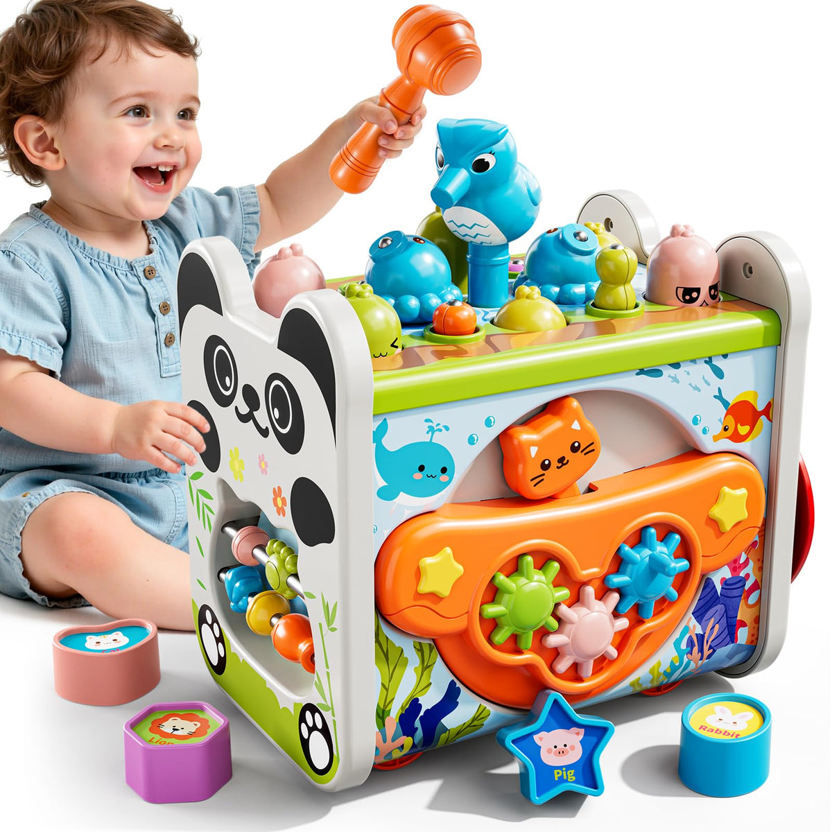 XINNOVEL 6-in-1 Montessori toy hammering action boosts hand-eye coordination.