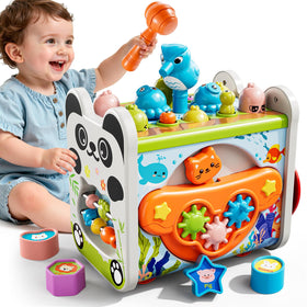 XINNOVEL 6-in-1 Montessori toy hammering action boosts hand-eye coordination.