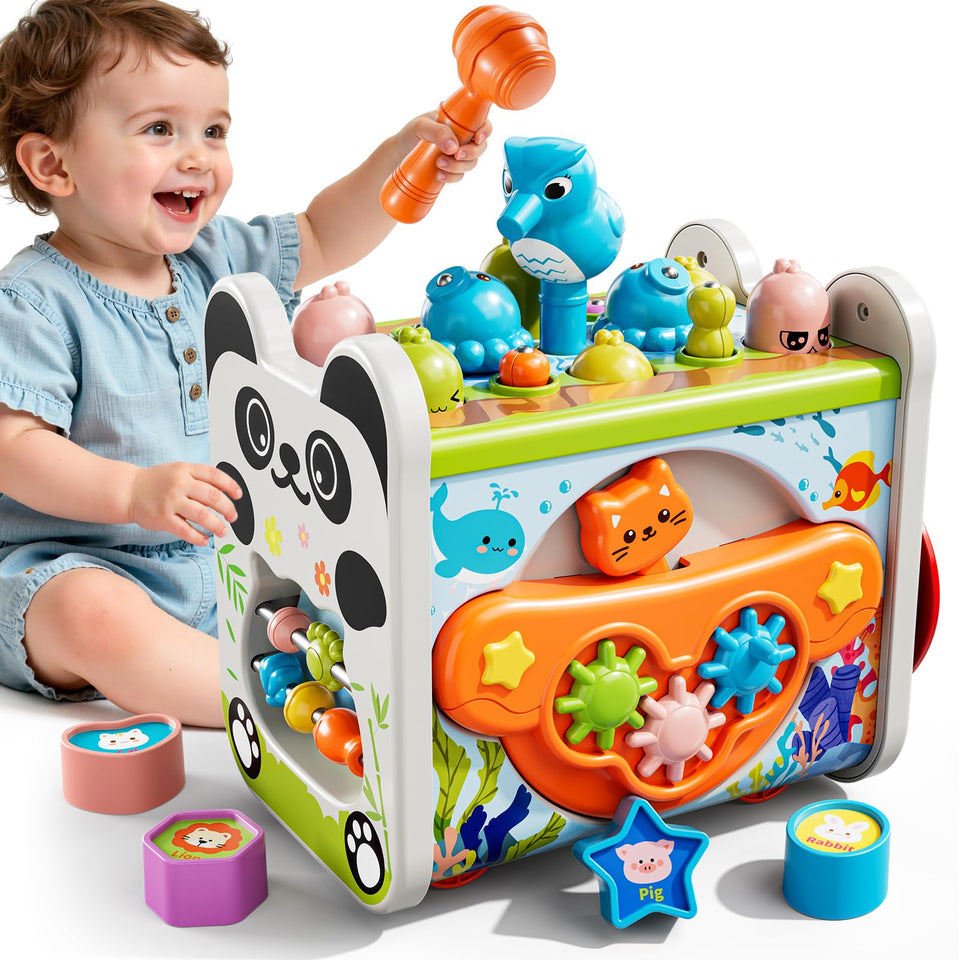XINNOVEL 6-in-1 Montessori toy hammering action boosts hand-eye coordination.