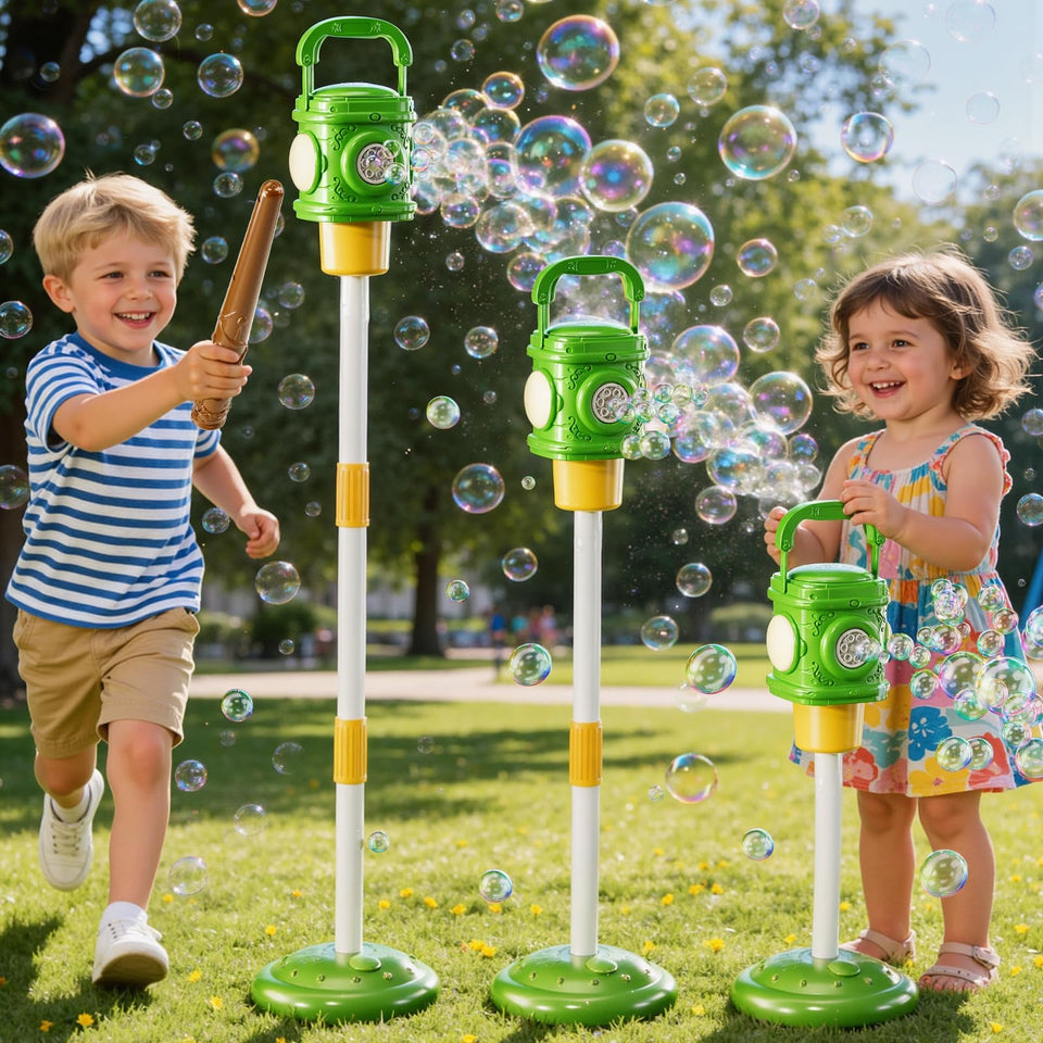 XINNOVEL Bubble Machine on a stand with adjustable height for versatile toddler play.