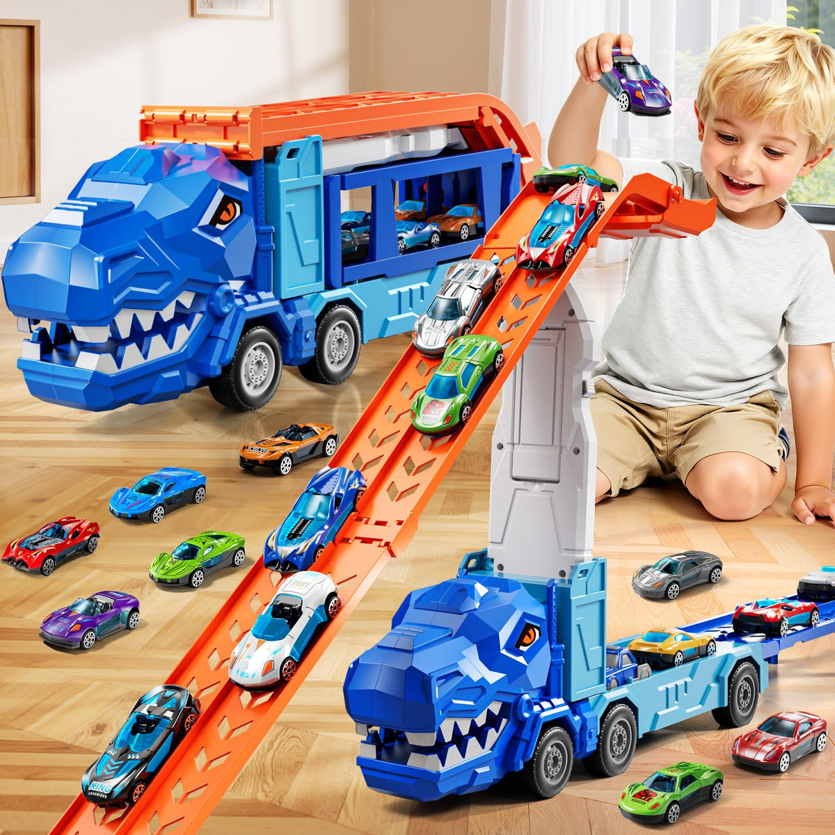 XINNOVEL dinosaur truck track set offers a colorful foldable layout for engaging family races.