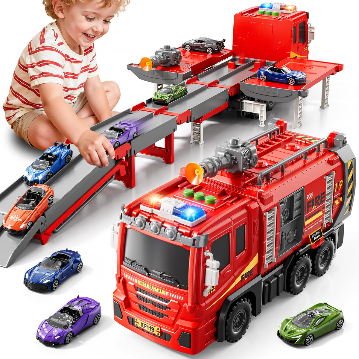 XINNOVEL Fire Trucks foldable truck encourages hands-on play and coordination.