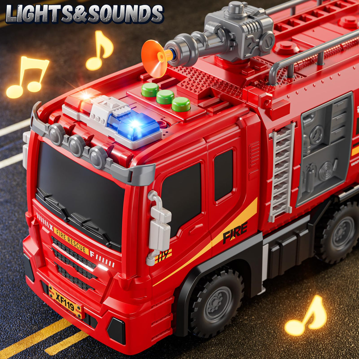XINNOVEL Fire Trucks realistic sounds and lights for immersive play.
