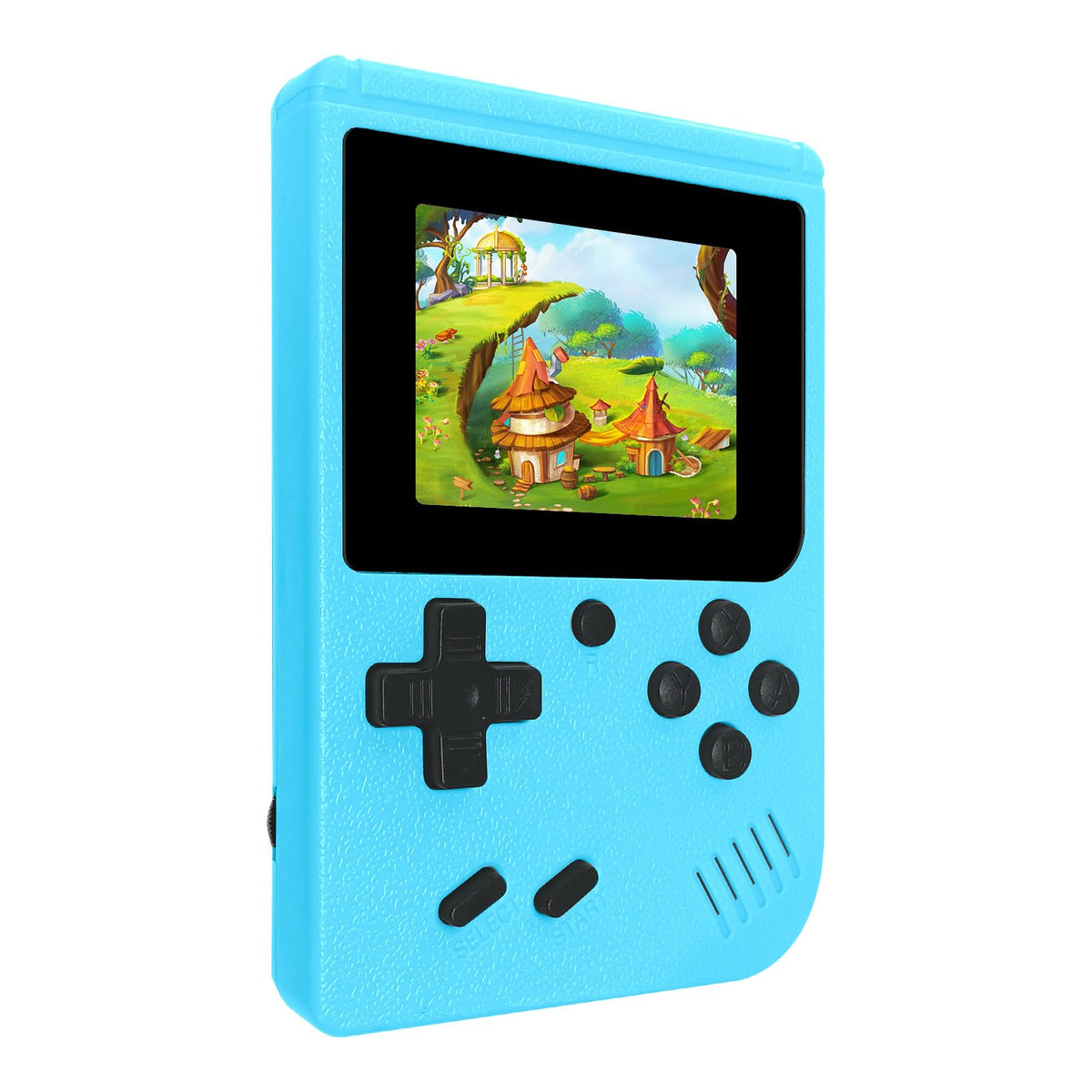 xiskt mini retro handheld console blue front view, portable gaming on the go