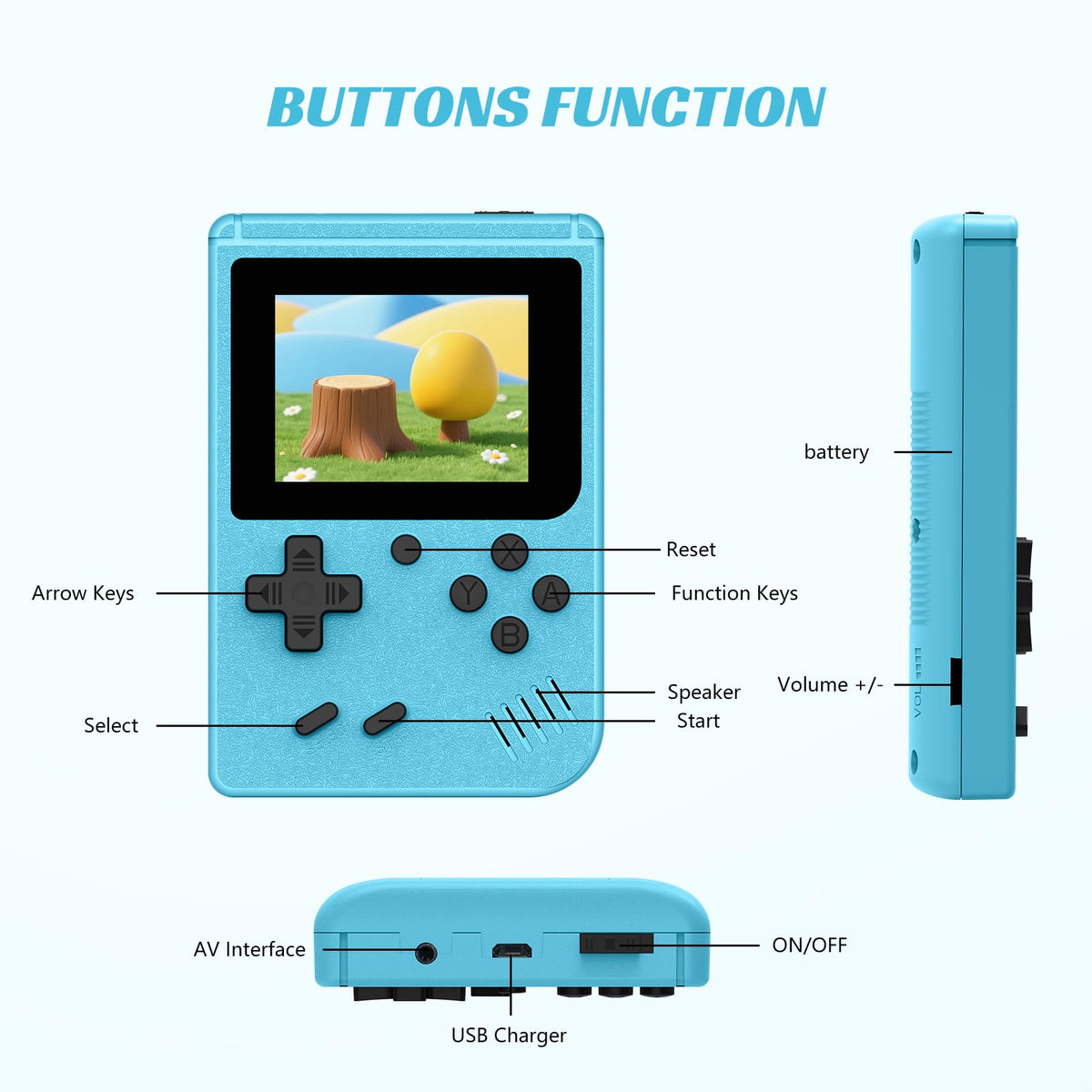 xiskt mini retro handheld console blue IPS display with vivid colors