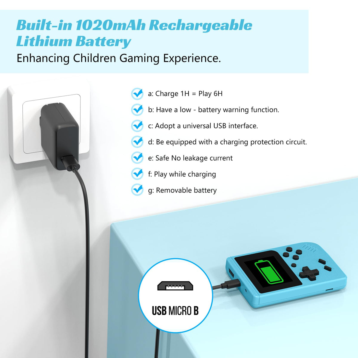 xiskt mini retro handheld console blue USB charging for uninterrupted play