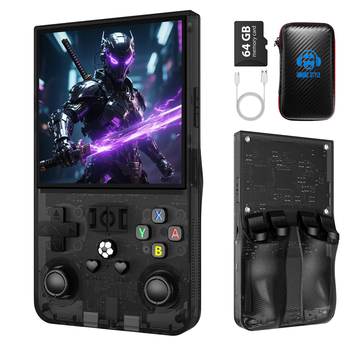 Xiskt R36MAX front view showing compact handheld design for easy gaming on the go.