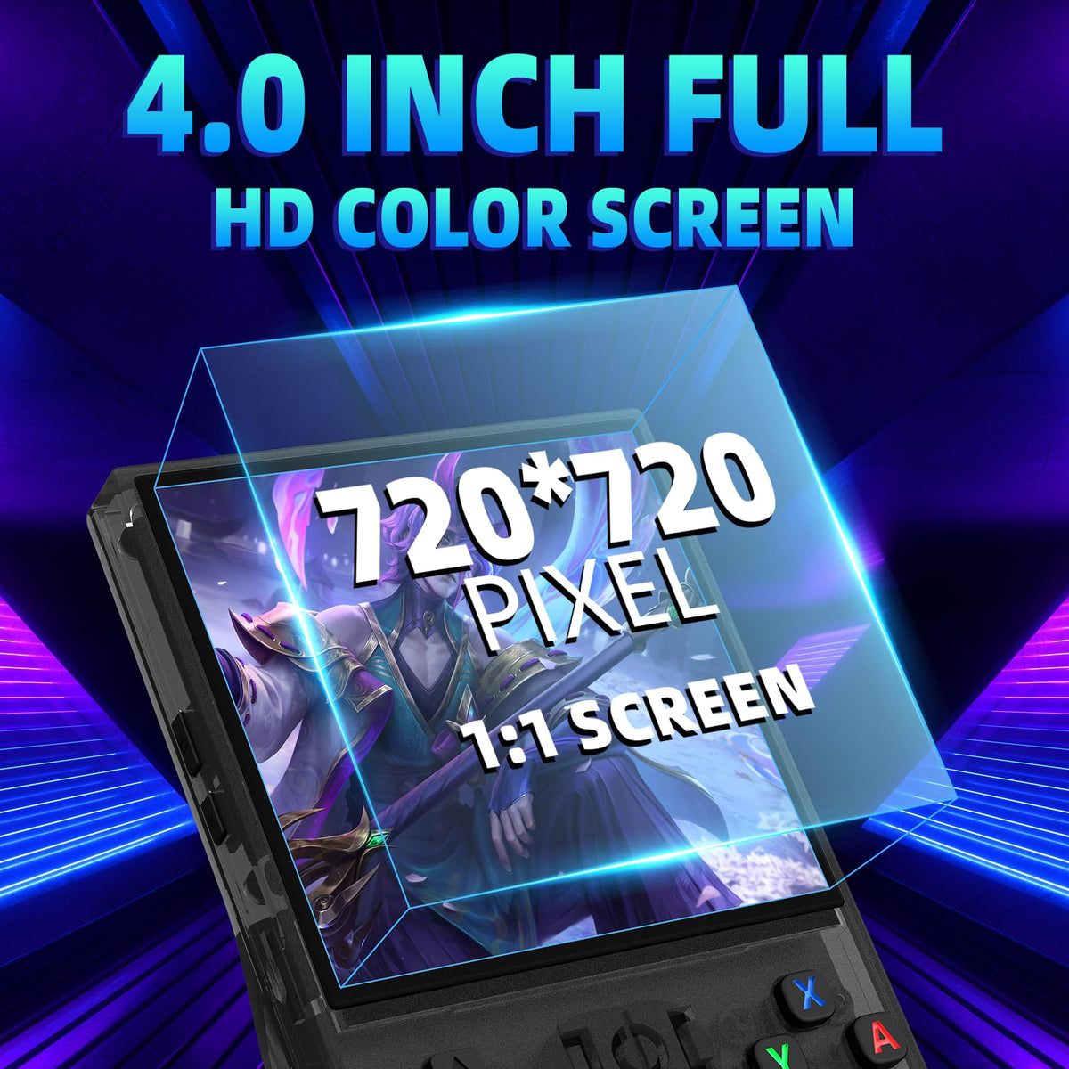 Xiskt R36MAX screen close-up highlights a bright 4.0-inch IPS display for retro visuals.