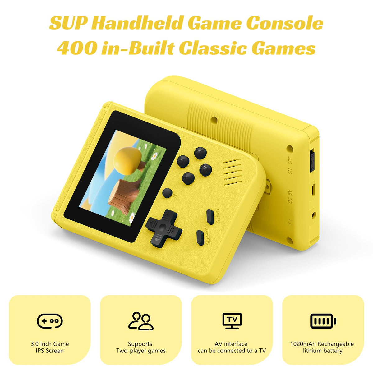 Xiskt retro handheld console side view highlighting compact design for easy handling.