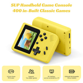 Xiskt retro handheld console side view highlighting compact design for easy handling.