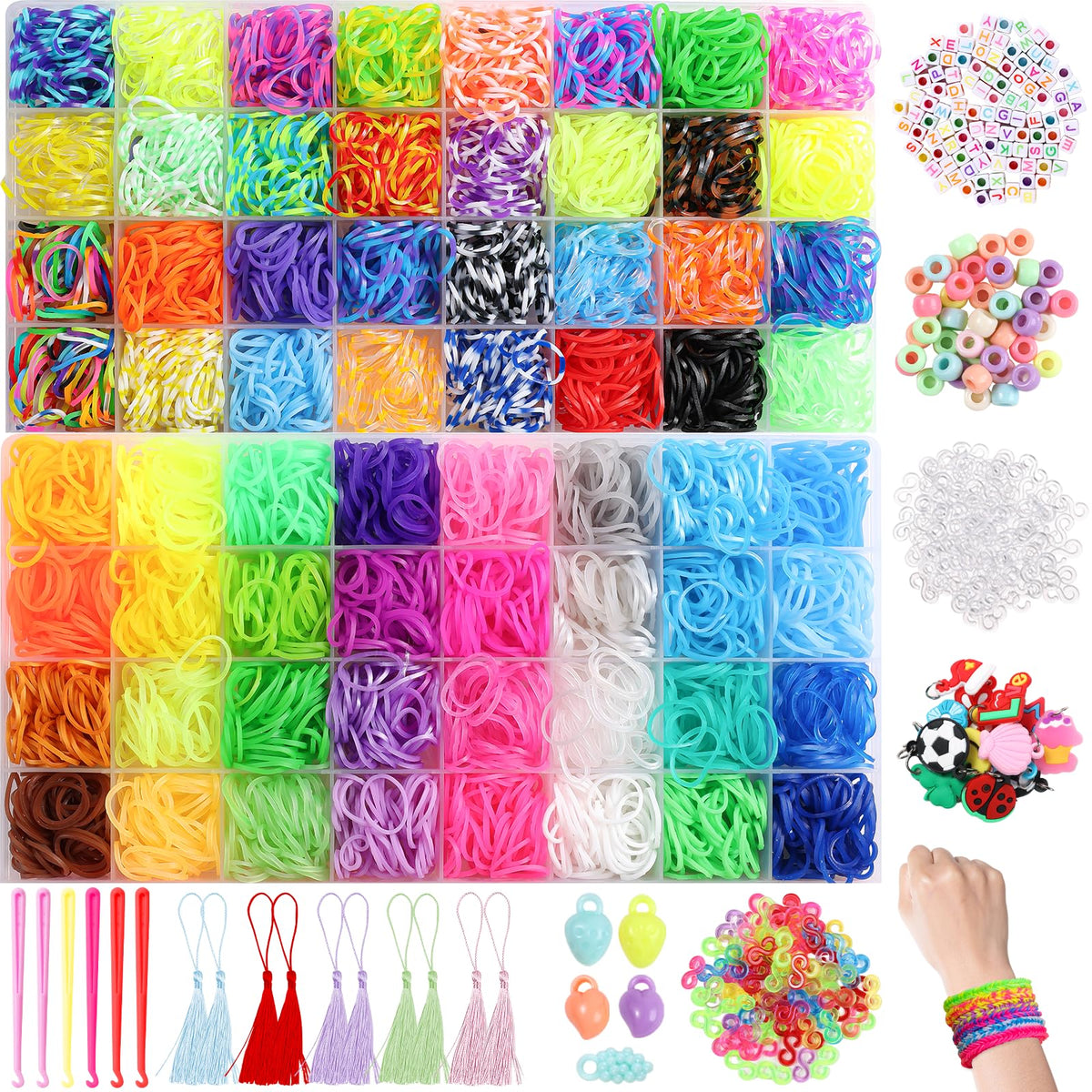 XKDOUS 64 colors rubber bands kit for kids crafts and bracelets.