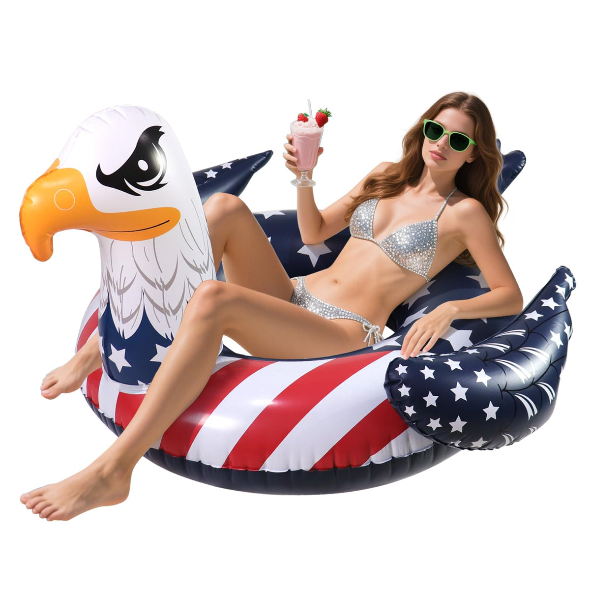 Xmoyaas inflatable eagle pool float with patriotic design for summer pool fun.