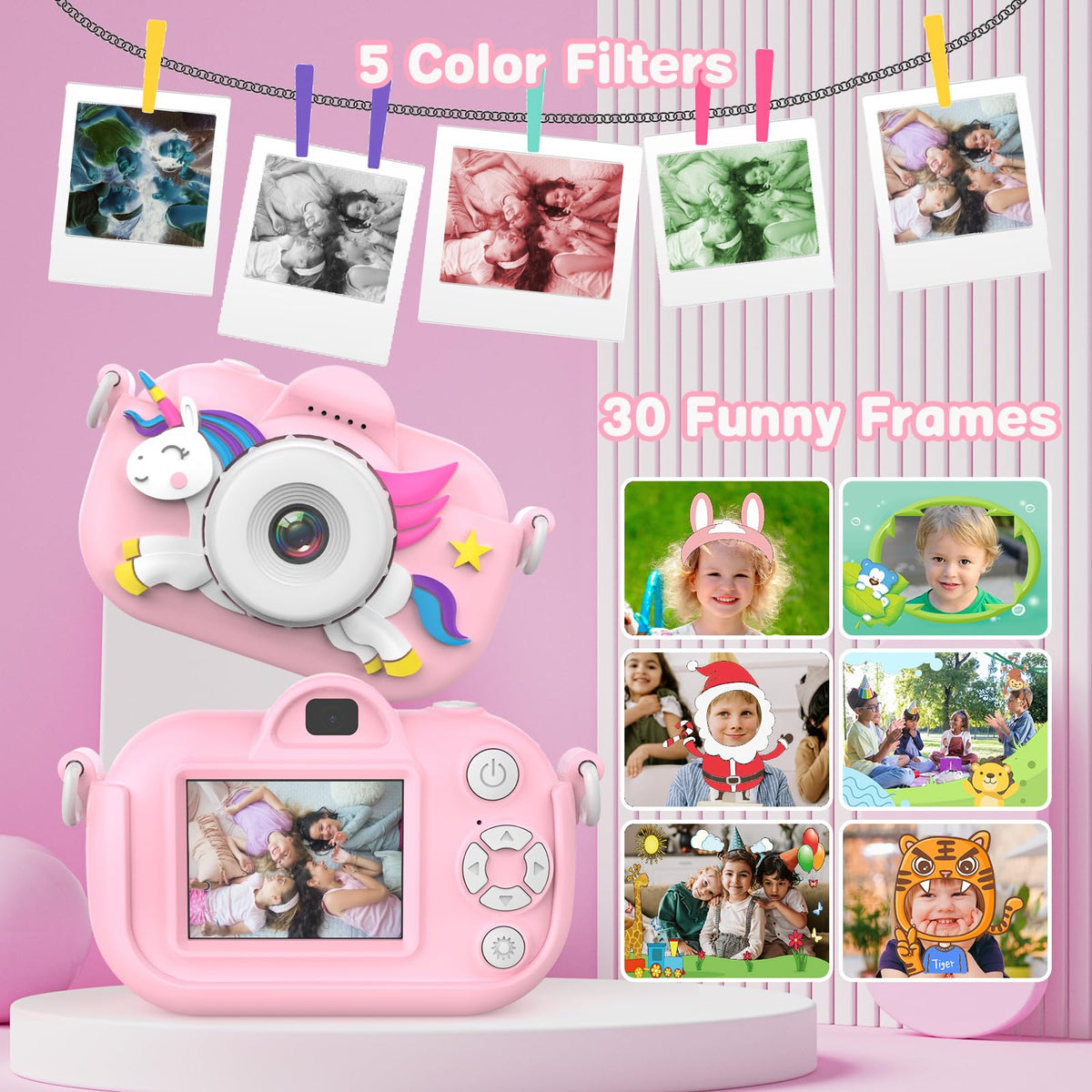 Xoieod Kids Camera with 30 cartoon sticker frames for personalization