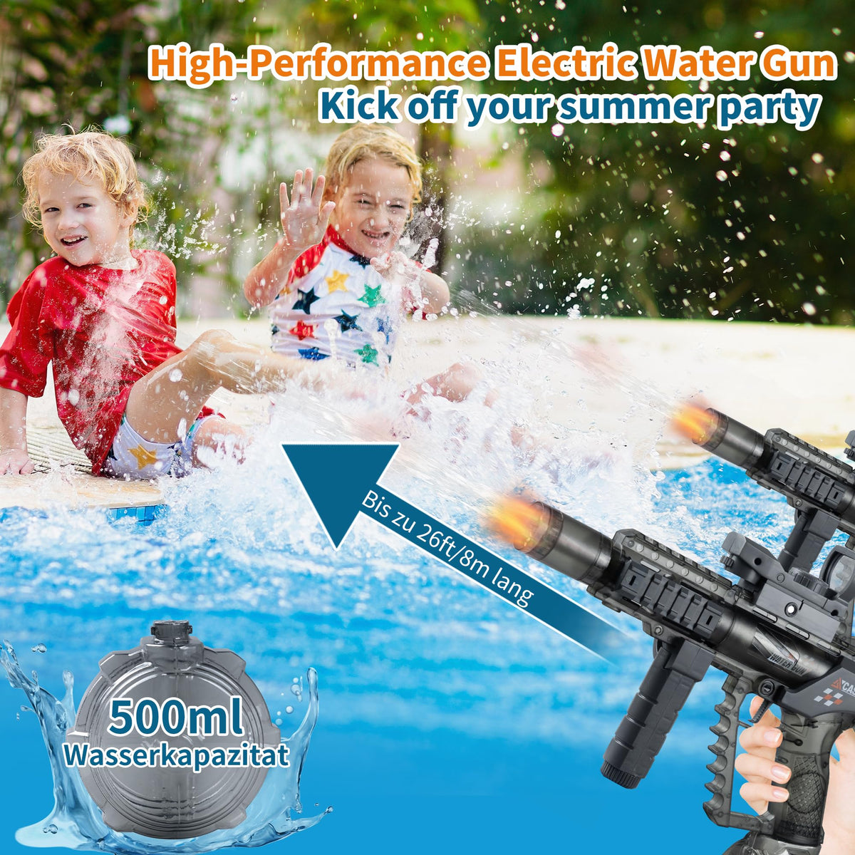 Xouyhzy Electric Water Gun IP67 waterproof design withstands splashes at the shore.