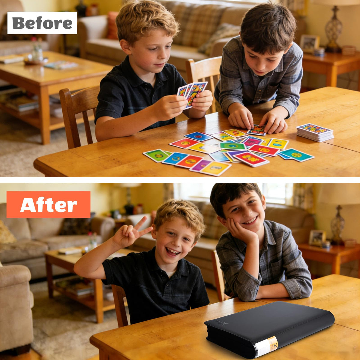 Rigid hardcover shields cards during transport and display.
