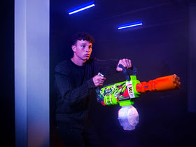 1,800 glow gellets capacity of XSHOT highlighted for all-day play.