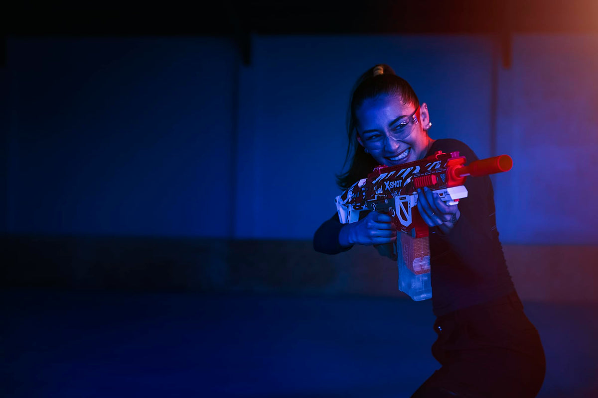 XSHOT Hyper Gel HPG-700 in-use setup during a friendly group battle