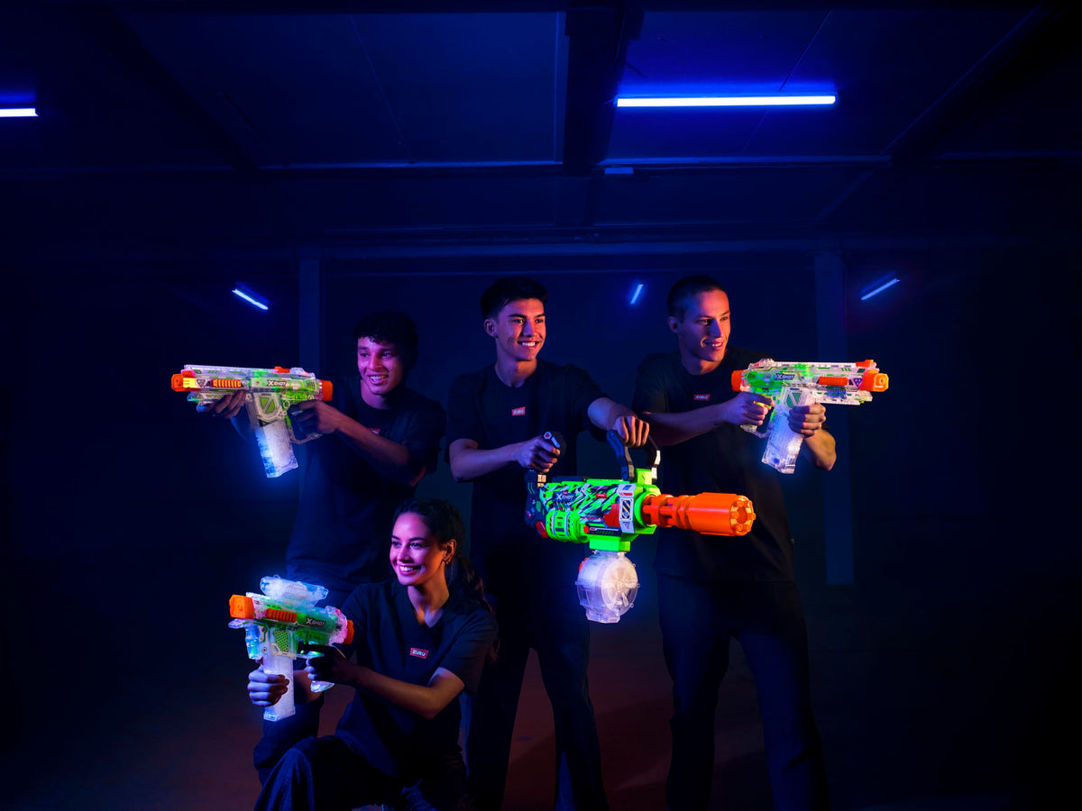 Outdoor battlefield setup with XSHOT Hyper Gel for extended sessions.