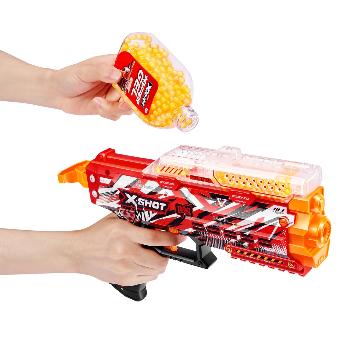 XSHOT Hyper Gel Stinger pull-to-prime action in use.