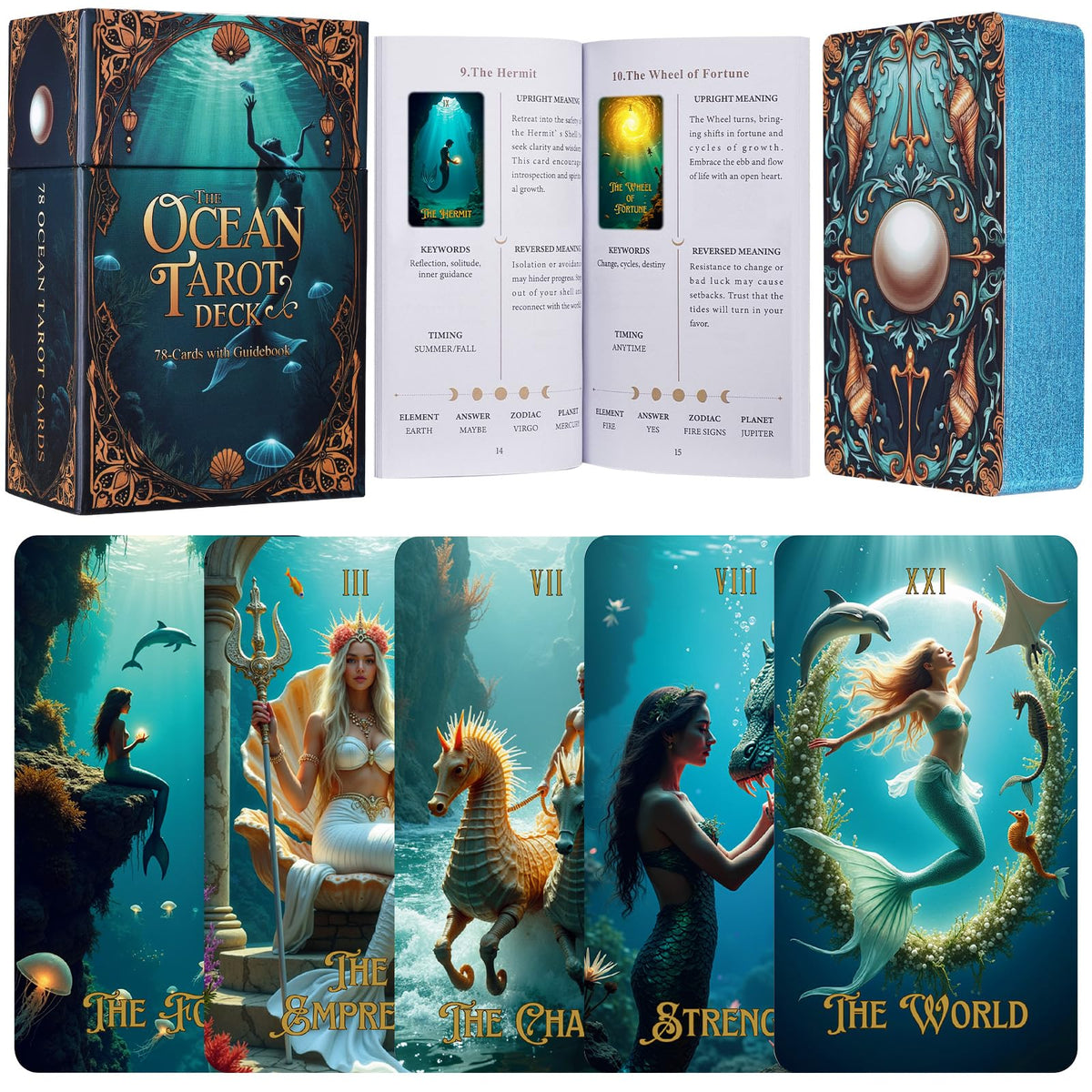 XSYLOHXL Ocean Tarot deck with gold foil box for premium display.