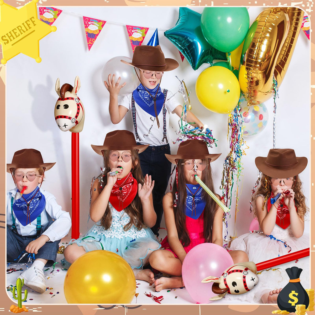 Xtinmee party decorations for cowboy-themed birthdays and classroom events.