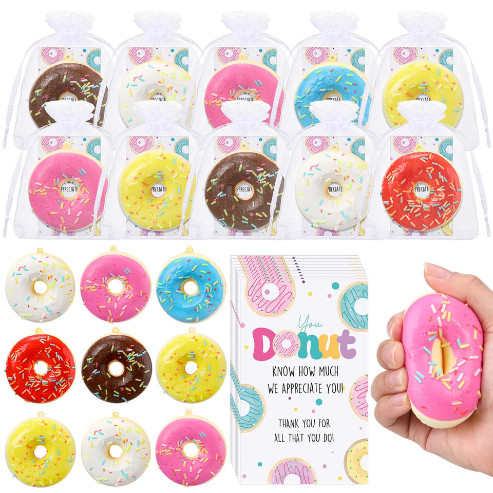 Xuhal donut stress-ball set in vibrant colors, ideal for classroom gifts and stress relief.