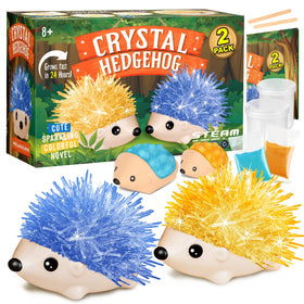 XX Crystal Growing Kit shows blue and orange hedgehogs crystallizing for a colorful science activity
