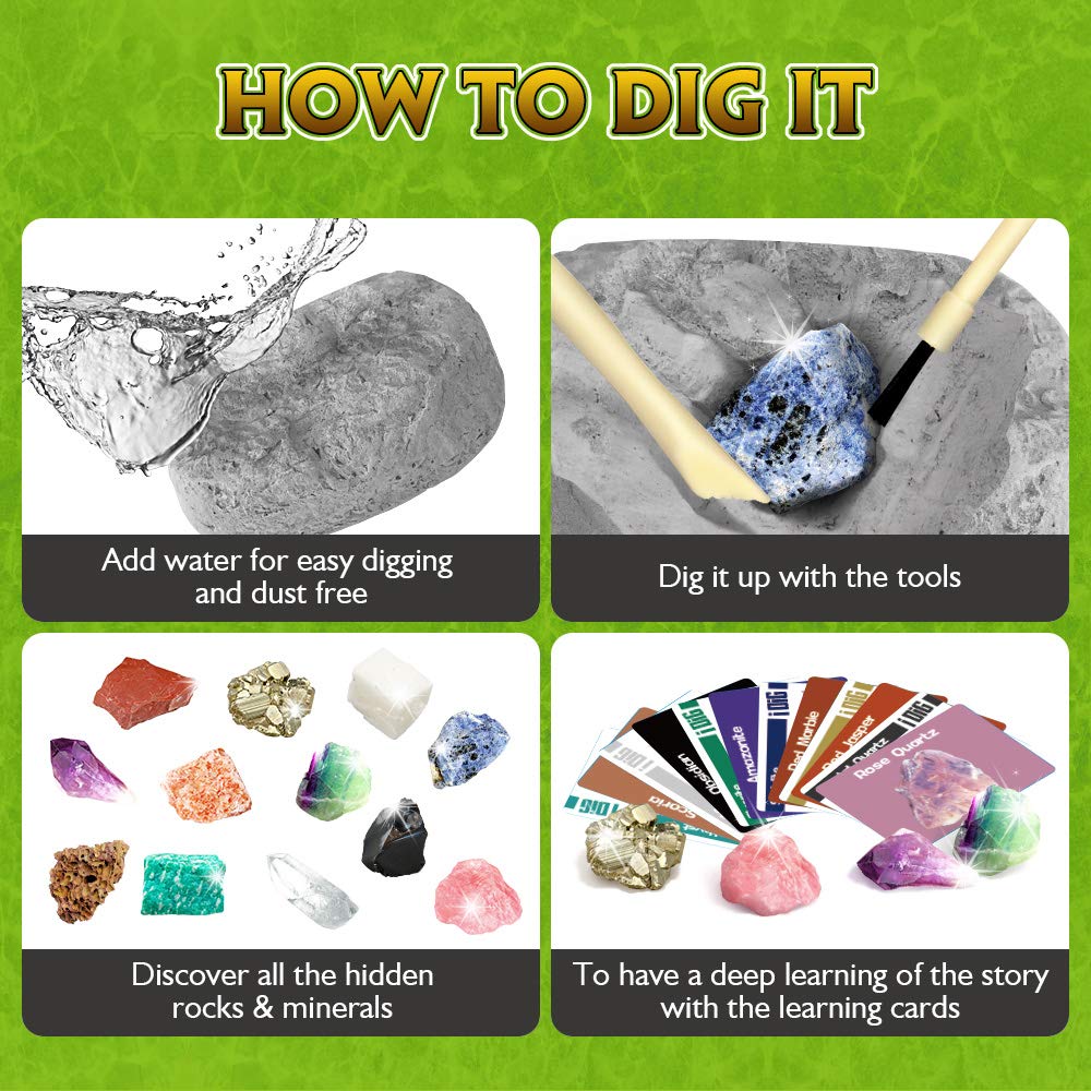 XX Dig Kit showing obsidian, amethyst, and amazonite among diggable stones.