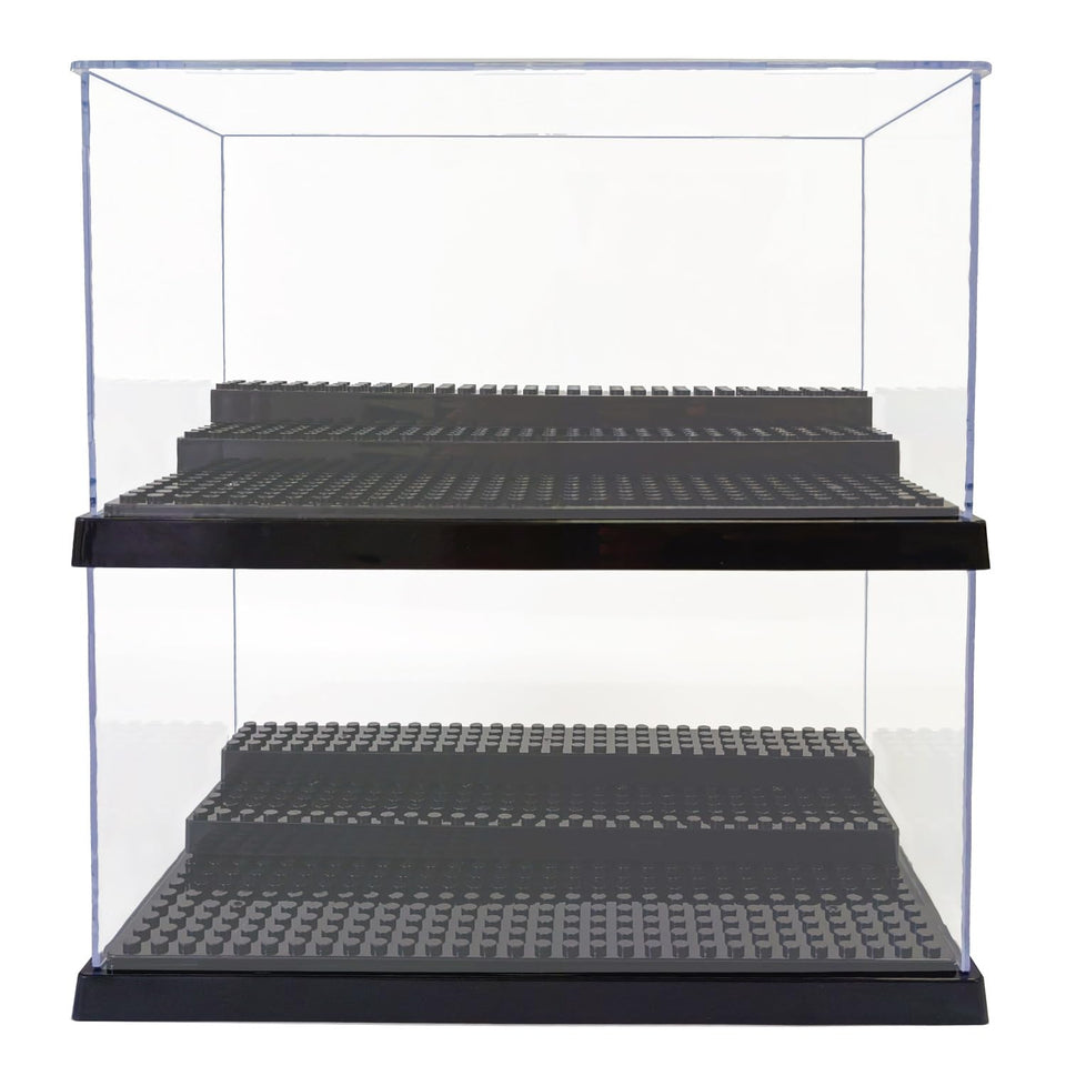 X XIN·SHI minifigure display case front view with black base and tiered steps for elegant display