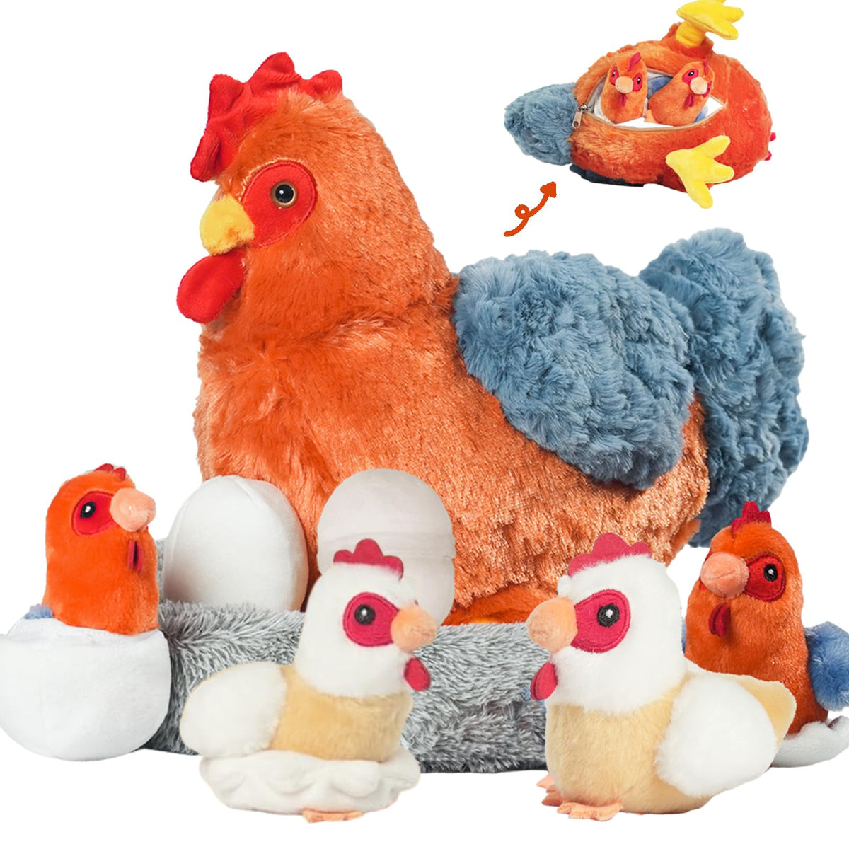 XYHQYB 9-in-1 hen plush face close-up for comforting hugs and playful storytelling
