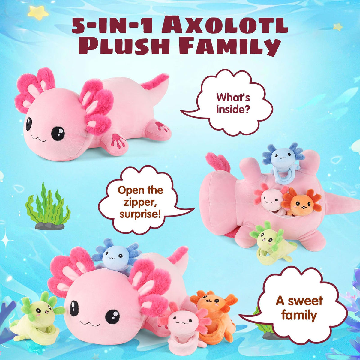 XYHQYB axolotl-plush-babies-inside-colorful close-up highlights soft texture.