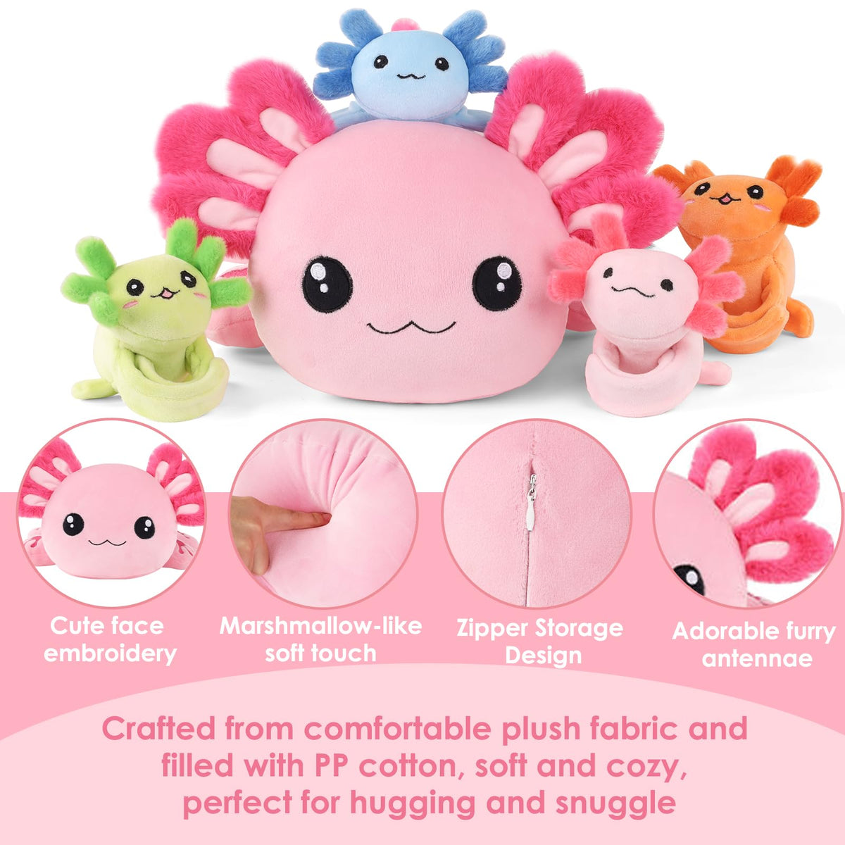 XYHQYB axolotl-plush-soft-fabric-closeup shows cozy hug quality.