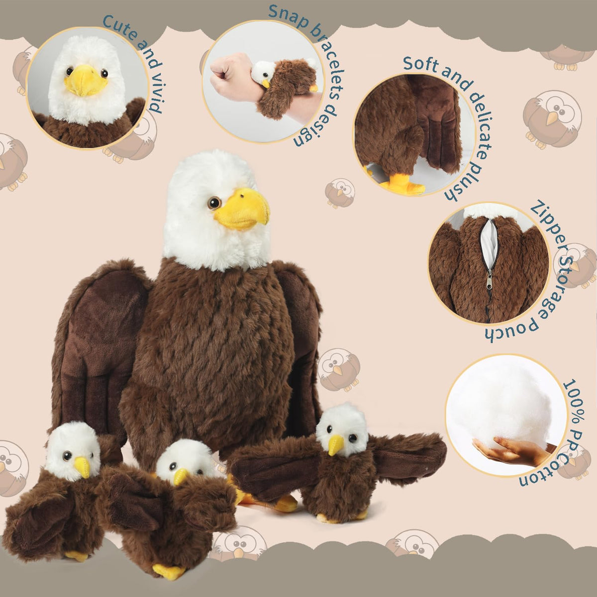 XYHQYB eagle plush close-up shows soft fabric and feather-like texture.