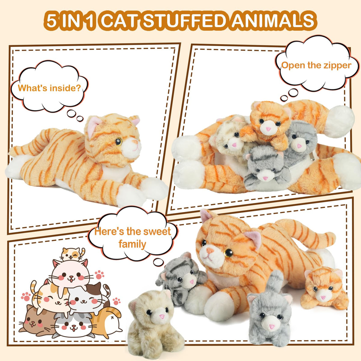 XYHQYB mama cat with kittens inside shows soft, cuddly plush quality