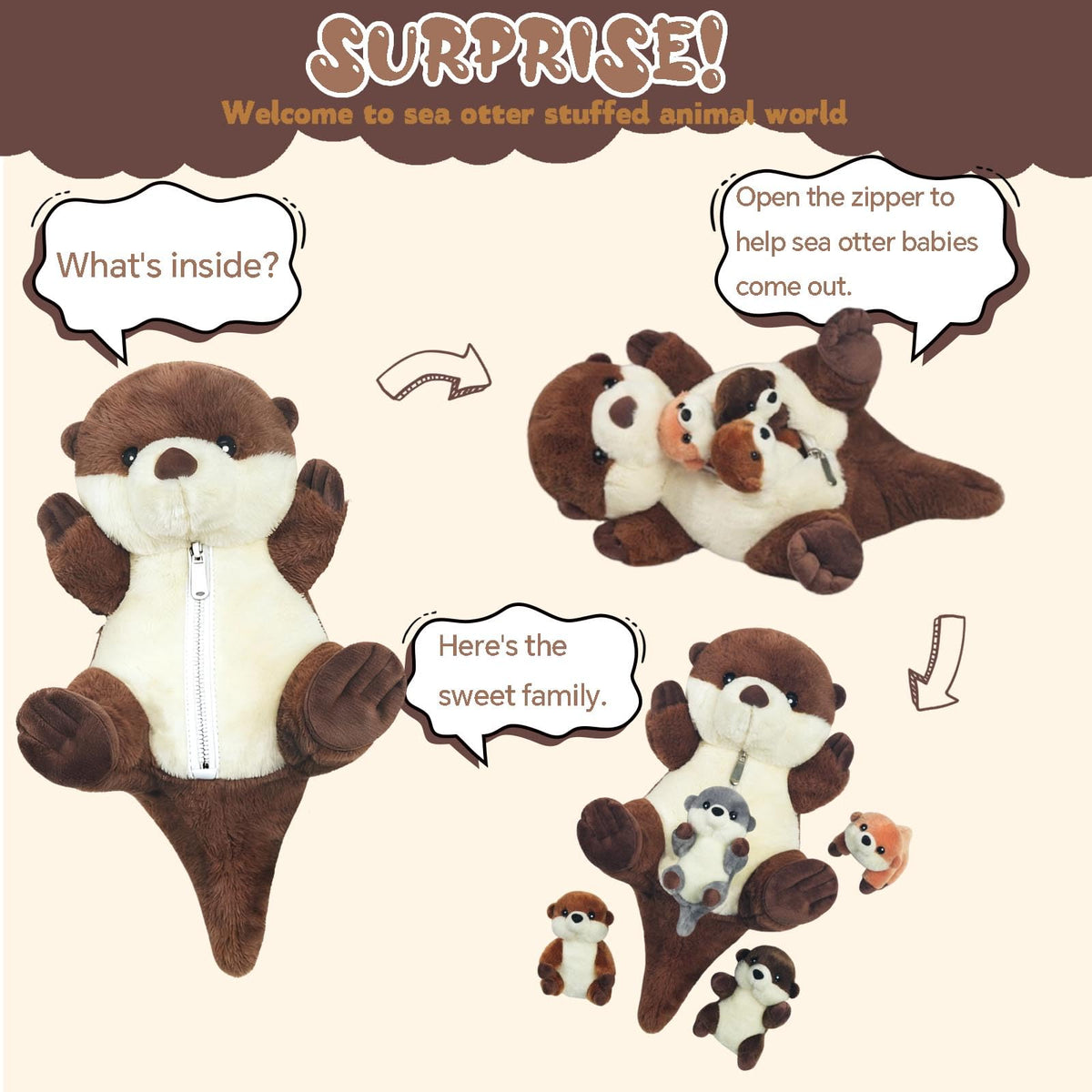 XYHQYB babies inside otter plush visible through zipper belly for playful surprise.