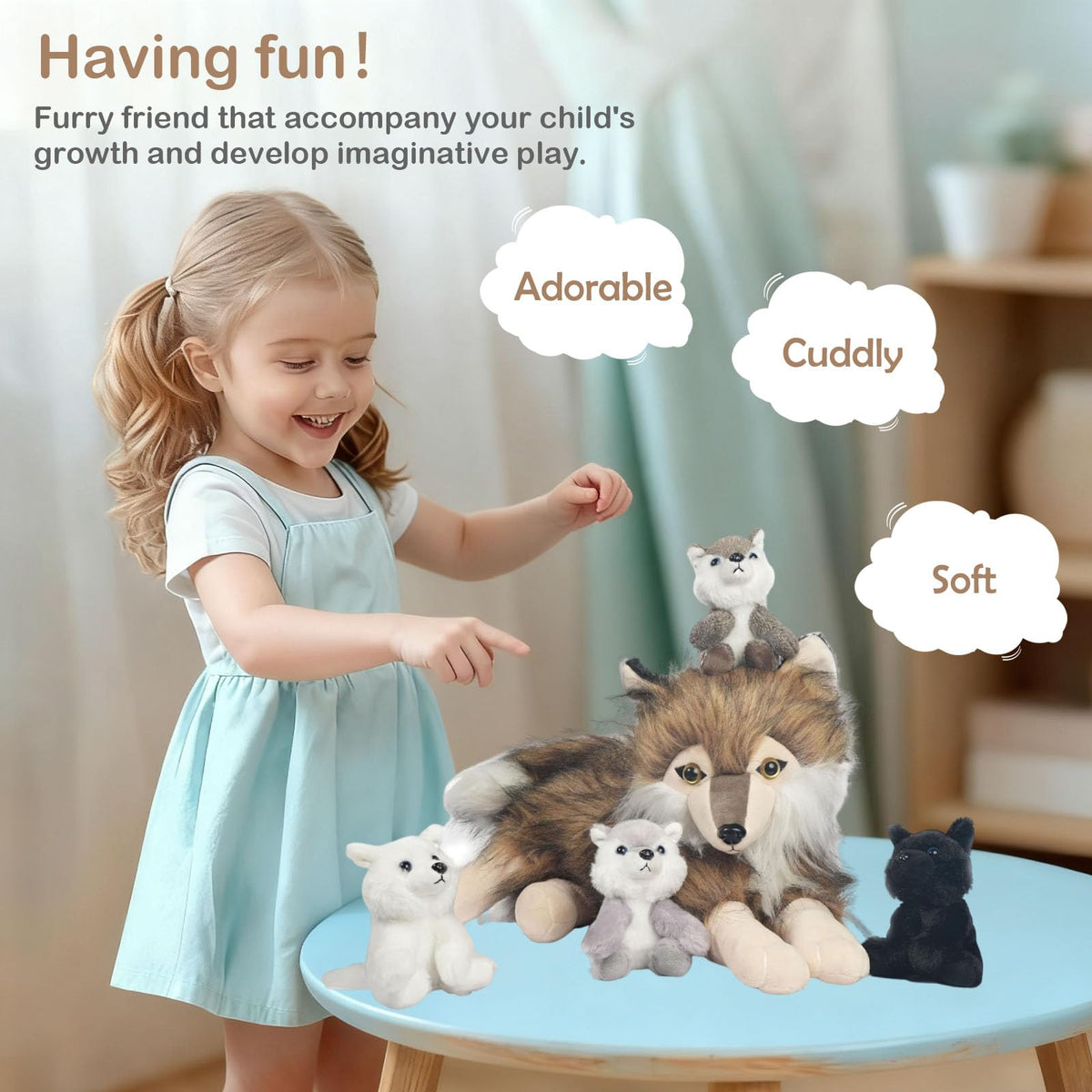 XYHQYB colorful 5-inch wolf cub plush for storytelling adventures.
