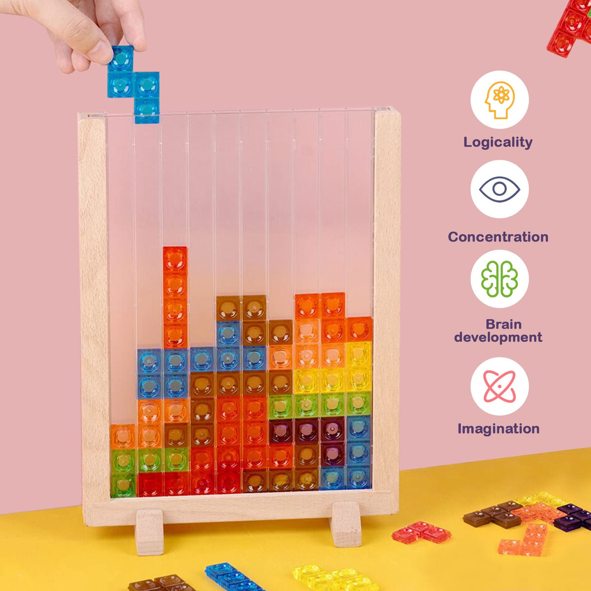 Xylolin blocks puzzle top view displaying vibrant shapes for spatial thinking