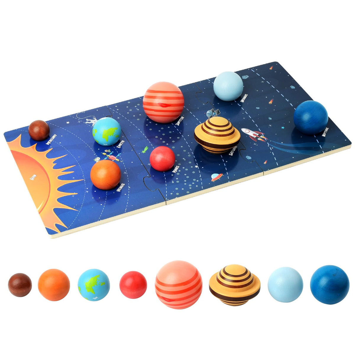 Xylolin wooden solar system board contents show eight planet balls and flashcards for hands-on learning.