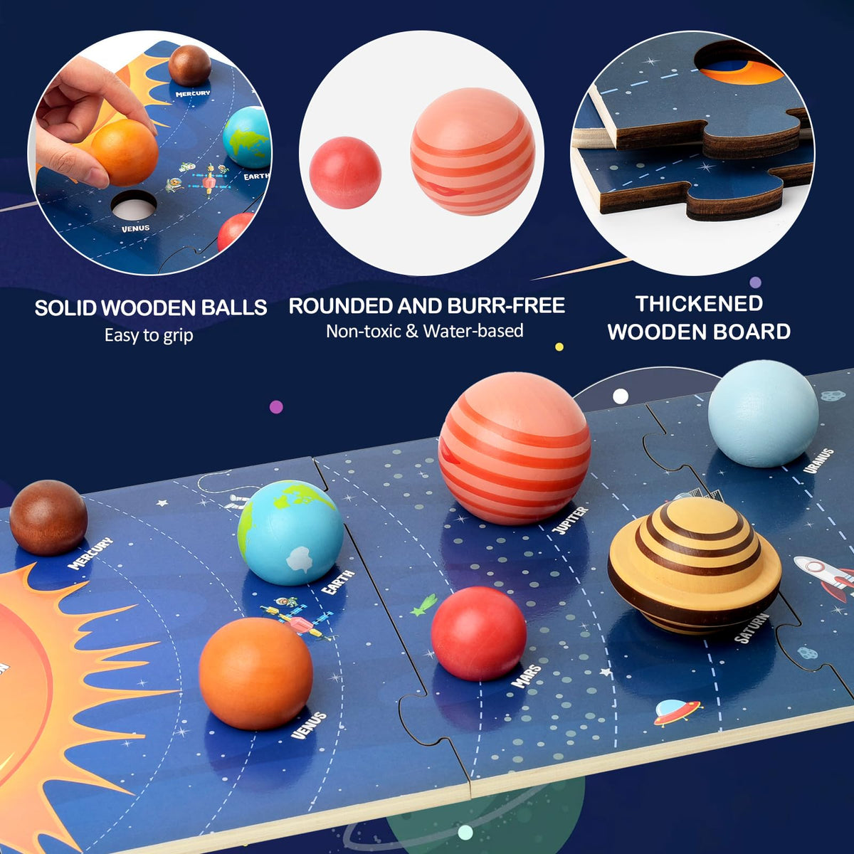 Xylolin wooden solar system board eight planets highlight colorful orbs for visual astronomy lessons.