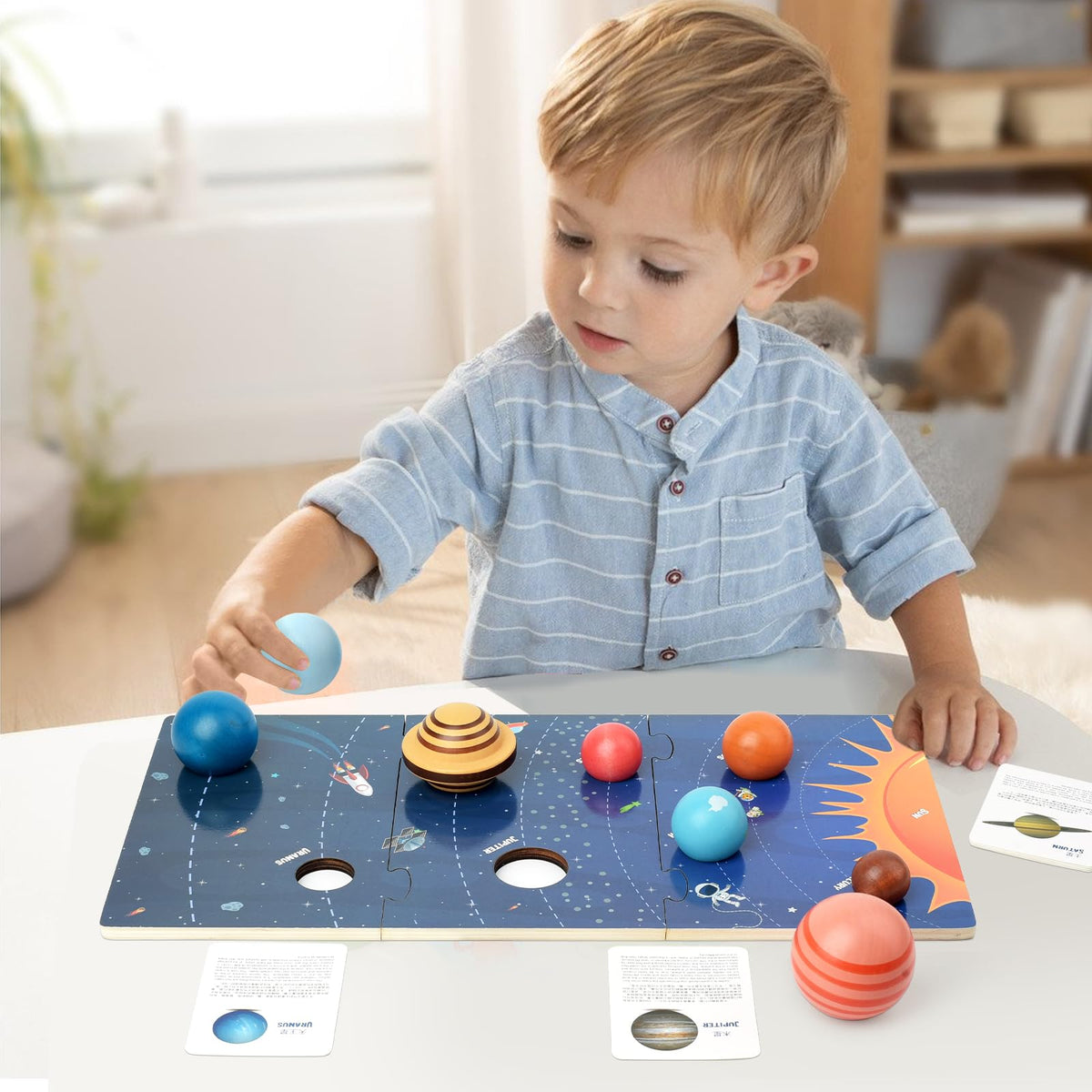 Xylolin wooden solar system board safe-rounded-edges designed for toddler-safe handling.
