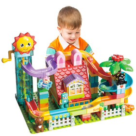 XYNGU Marble Run with motorized elevator viewed from top for inspiring play