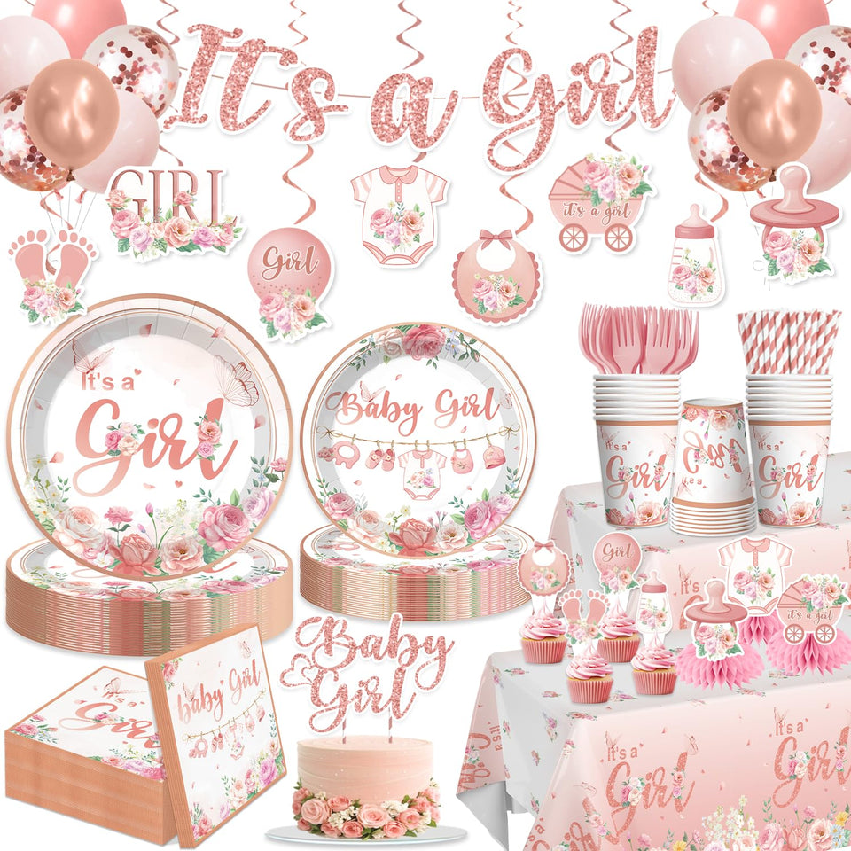 Xynic Its a Girl banner decor enhances floral party theme.
