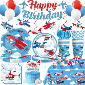 Xynic airplane banner and blue sky balloons elevate party decor and theme