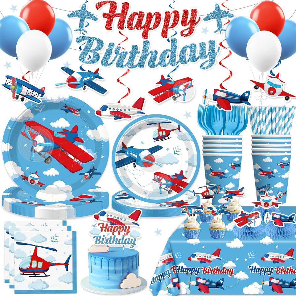 Xynic airplane banner and blue sky balloons elevate party decor and theme
