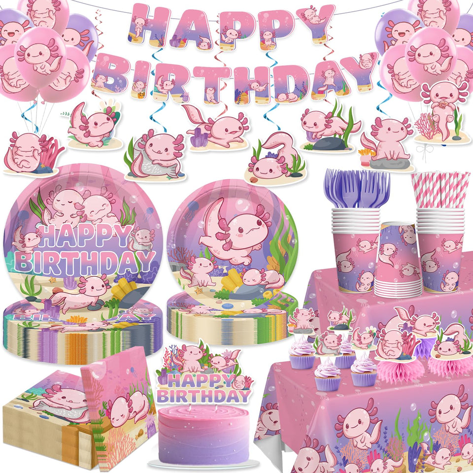 Xynic axolotl birthday banner adds festive flair to a pink party backdrop.