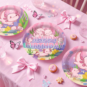 Xynic axolotl 9-inch plates provide sturdy support for snacks and drinks.