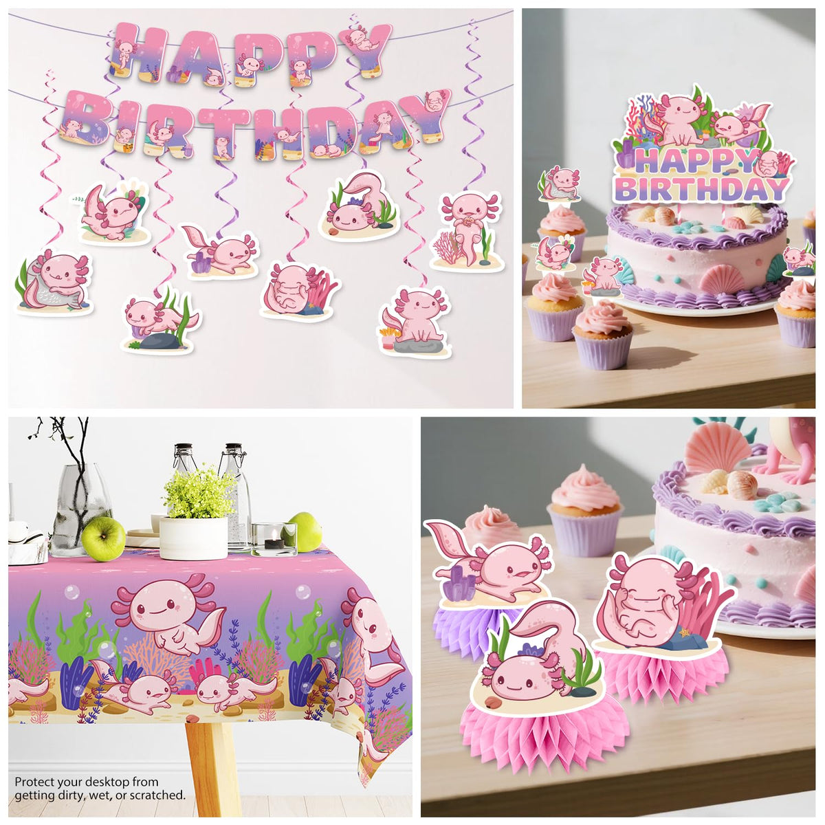 Xynic axolotl tablecloths tie the theme together on the party surface.