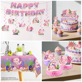 Xynic axolotl tablecloths tie the theme together on the party surface.